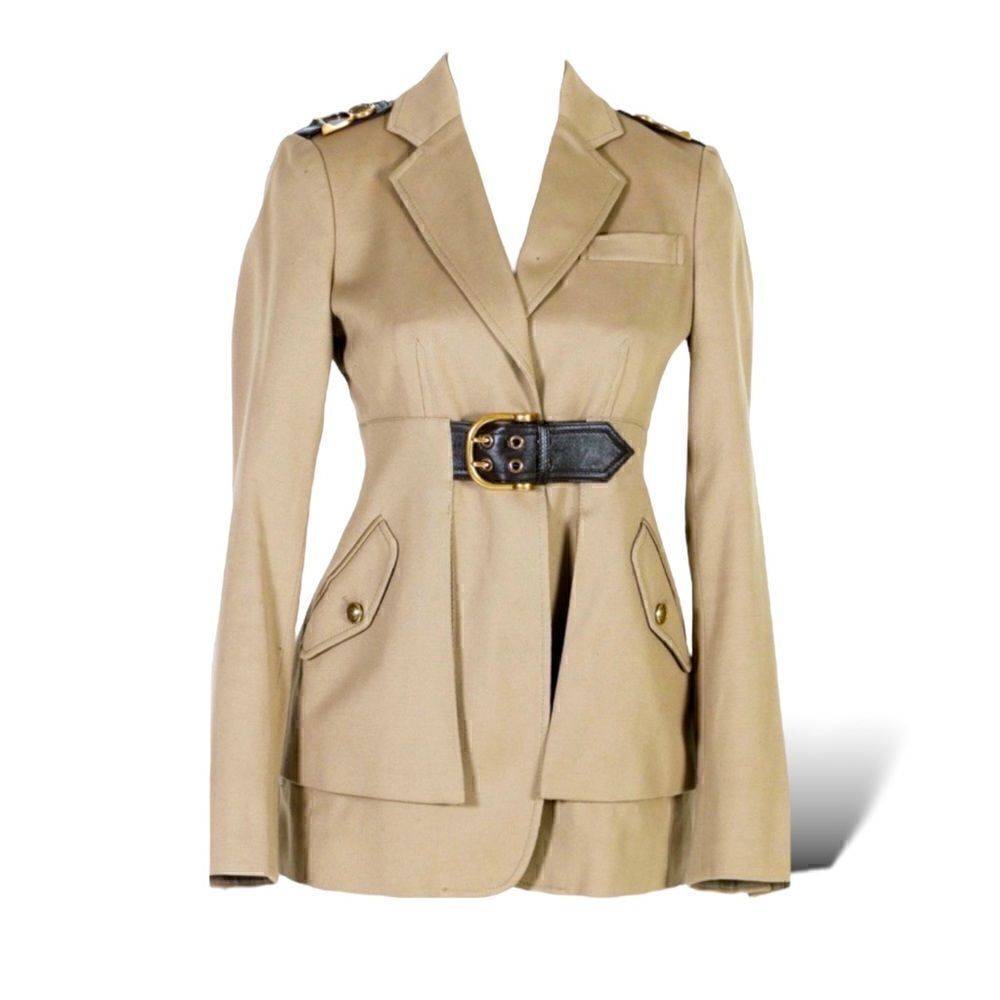 GUCCI Military Inspired Beige Canvas Jacket with Horse-bit Motif Accents